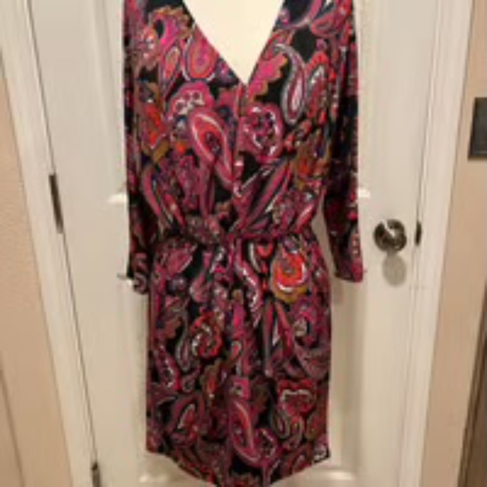 NWT TRINA TRINA TURK Birch Printed Jersey V-neck Ruched Dress Sz M Reg $198
